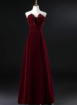 Picture of Pretty Wine Red Color Velvet Floor Length Long Prom Dresses, Dark Red Color Party Dresses